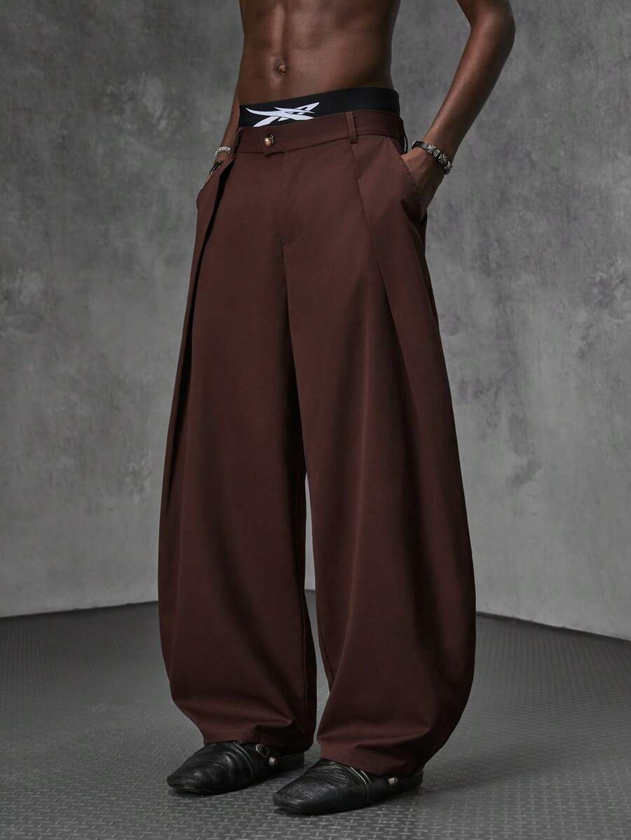 Pantalones de cintura alta y pierna ancha para hombre con frente plisado