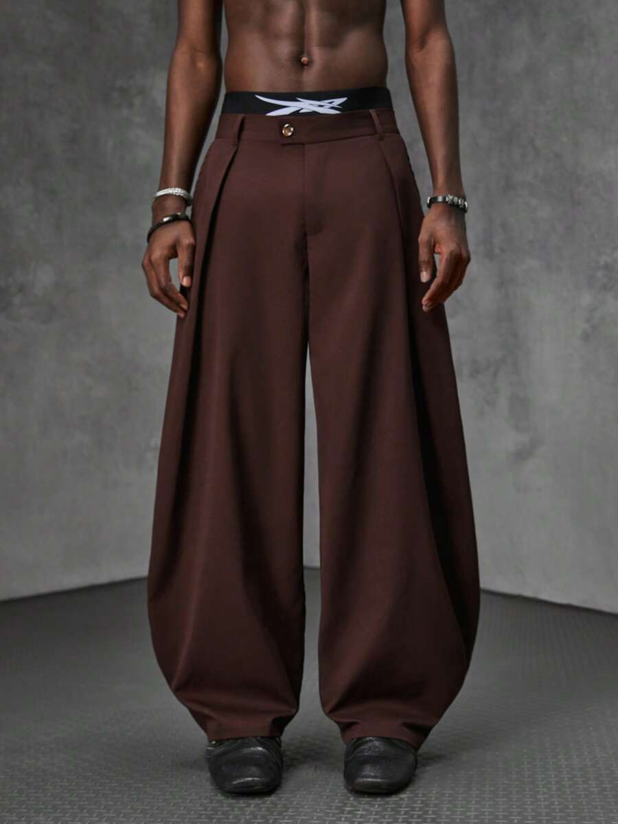 Pantalones de cintura alta y pierna ancha para hombre con frente plisado