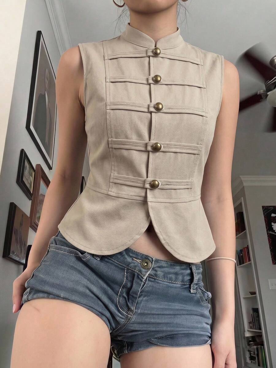 Chaleco casual de mujer de unicolor con botones metálicos