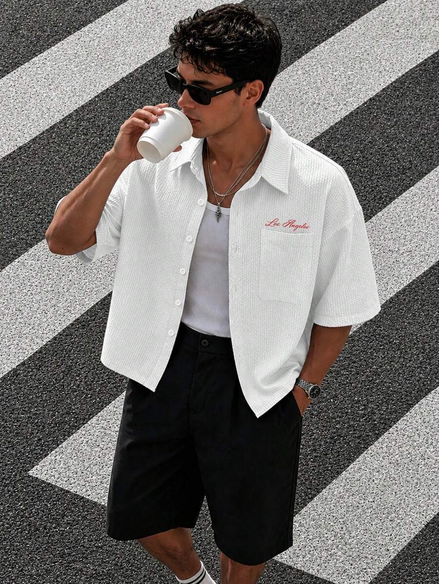 Camisa de manga corta de unicolor con estampado casual de verano para hombre