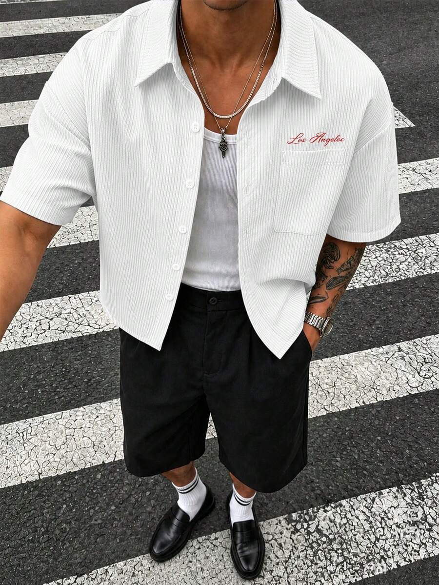 Camisa de manga corta de unicolor con estampado casual de verano para hombre