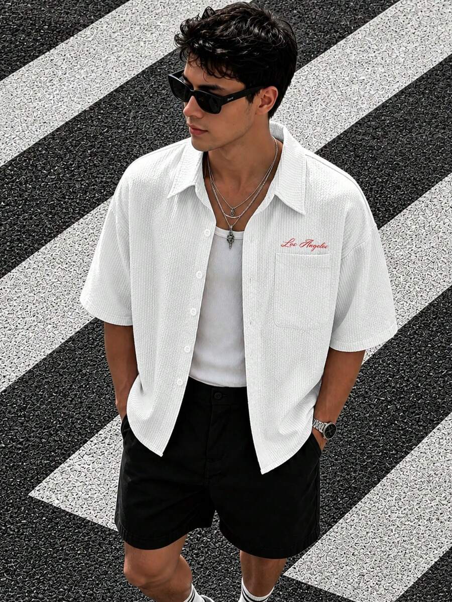Camisa de manga corta de unicolor con estampado casual de verano para hombre