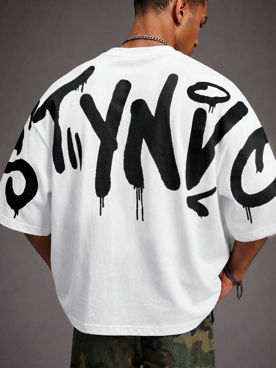 Camiseta suelta de hombro caído con estampado de letras casual para hombre