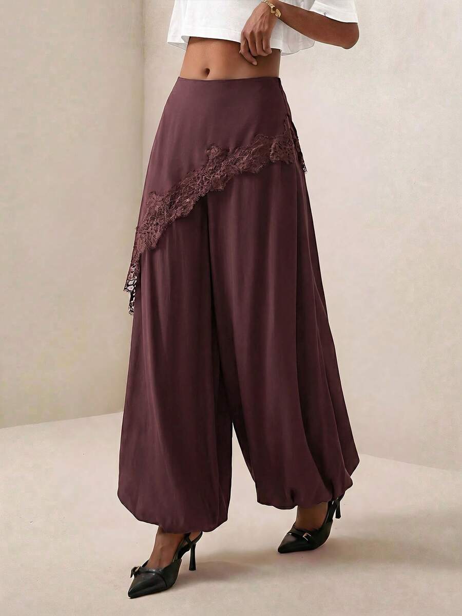 Pantalones anchos de pierna ancha con encaje