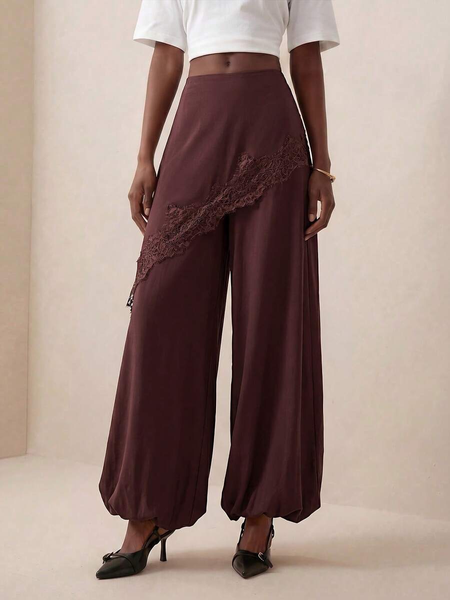 Pantalones anchos de pierna ancha con encaje