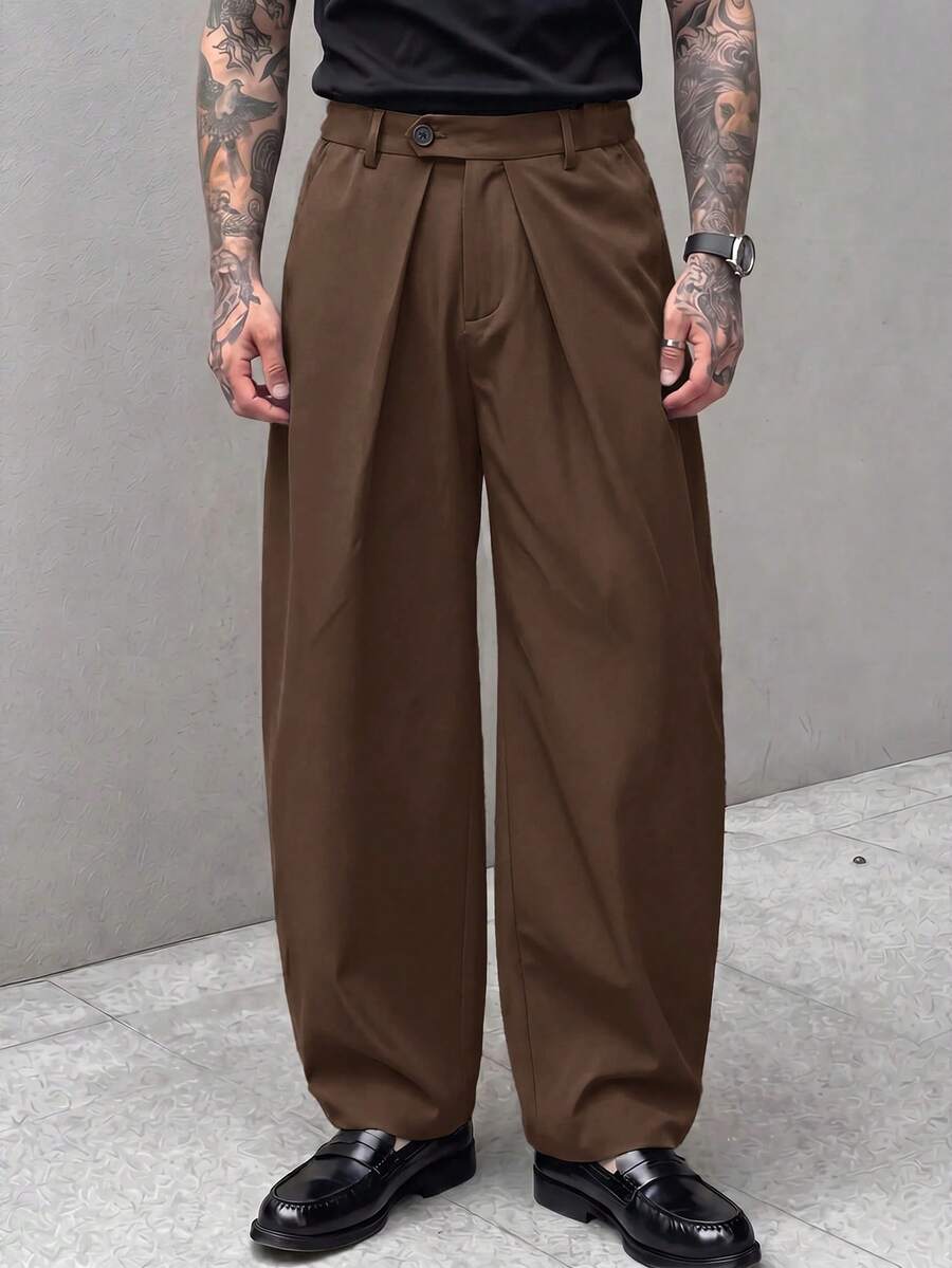 Pantalones de cintura alta y pierna ancha para hombre con frente plisado