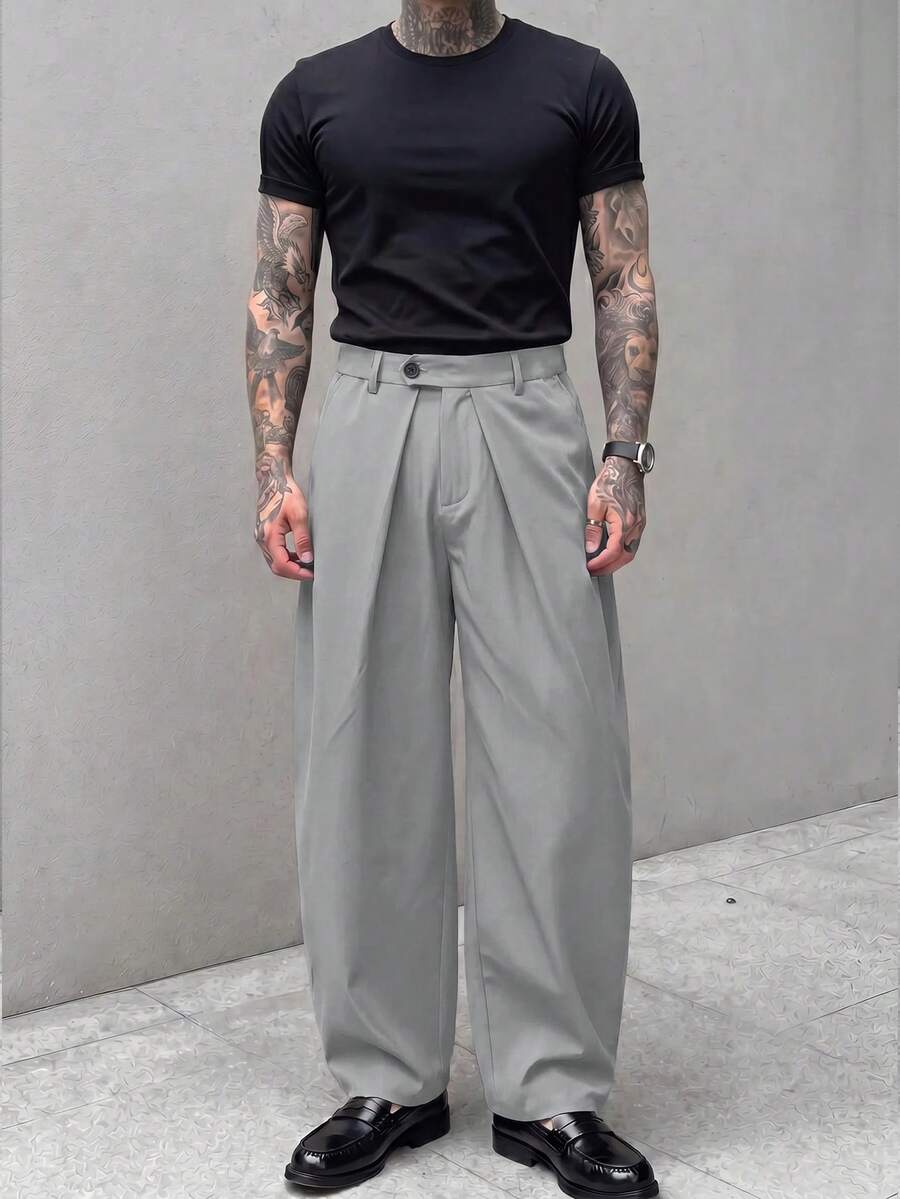 Pantalones de cintura alta y pierna ancha para hombre con frente plisado