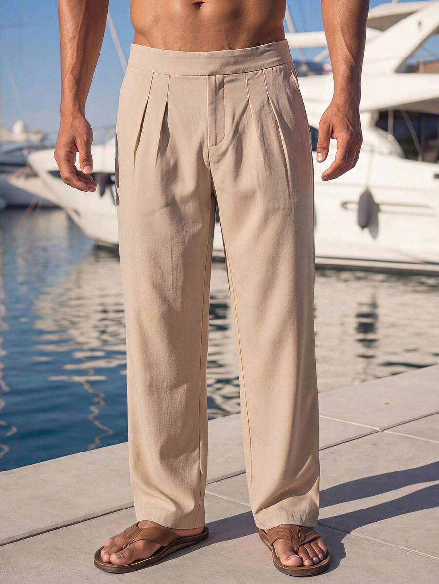 Pantalones de cintura alta y pierna ancha para hombre con frente plisado