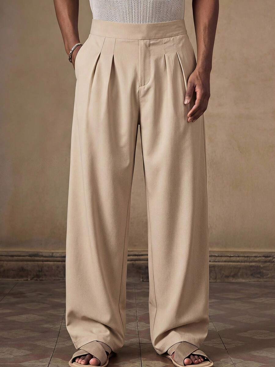 Pantalones de cintura alta y pierna ancha para hombre con frente plisado