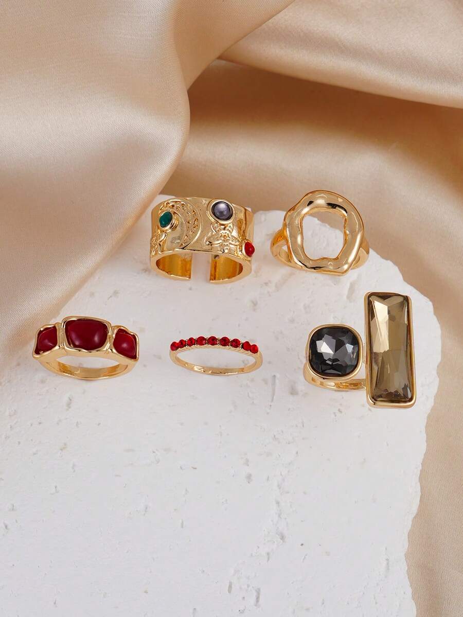 Set de 5 anillos con cristales de colores y piedras falsas, anillos geométricos apilables, adecuados para citas diarias, festivales de música de mujeres