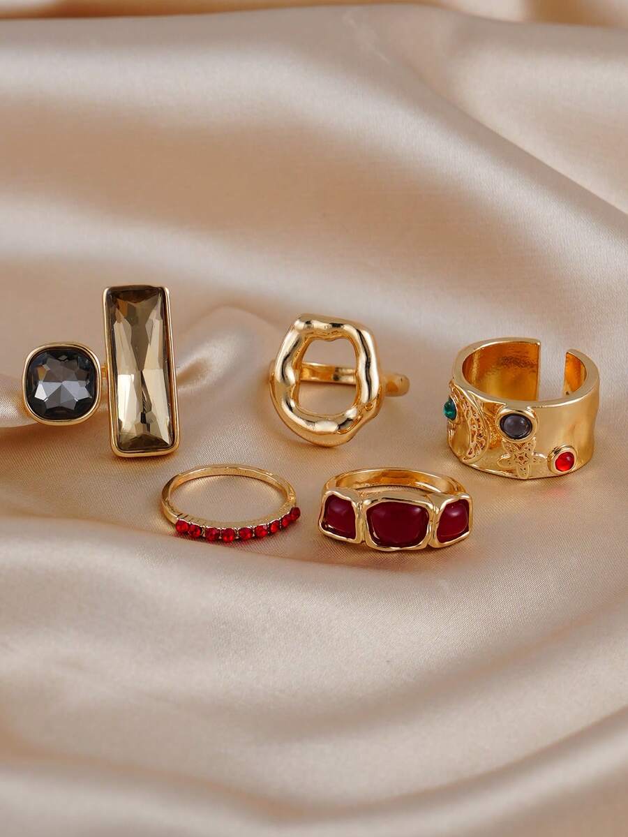 Set de 5 anillos con cristales de colores y piedras falsas, anillos geométricos apilables, adecuados para citas diarias, festivales de música de mujeres