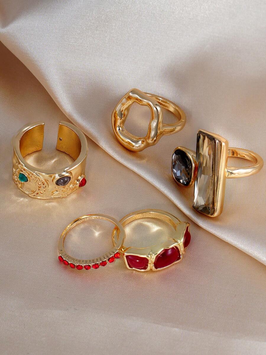 Set de 5 anillos con cristales de colores y piedras falsas, anillos geométricos apilables, adecuados para citas diarias, festivales de música de mujeres