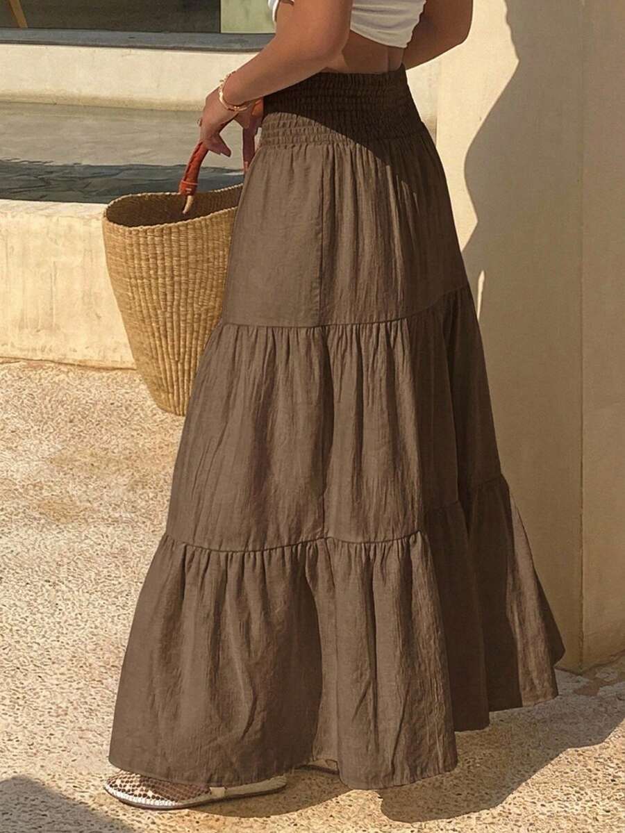 DAZY Falda acampanada de verano para mujer con volantes en el bajo, de color liso y textura.