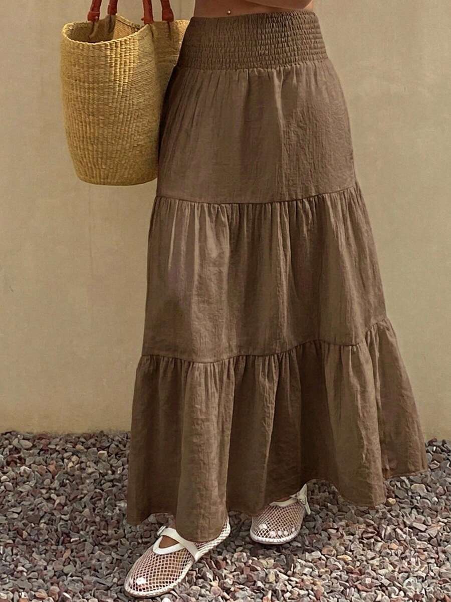 DAZY Falda acampanada de verano para mujer con volantes en el bajo, de color liso y textura.