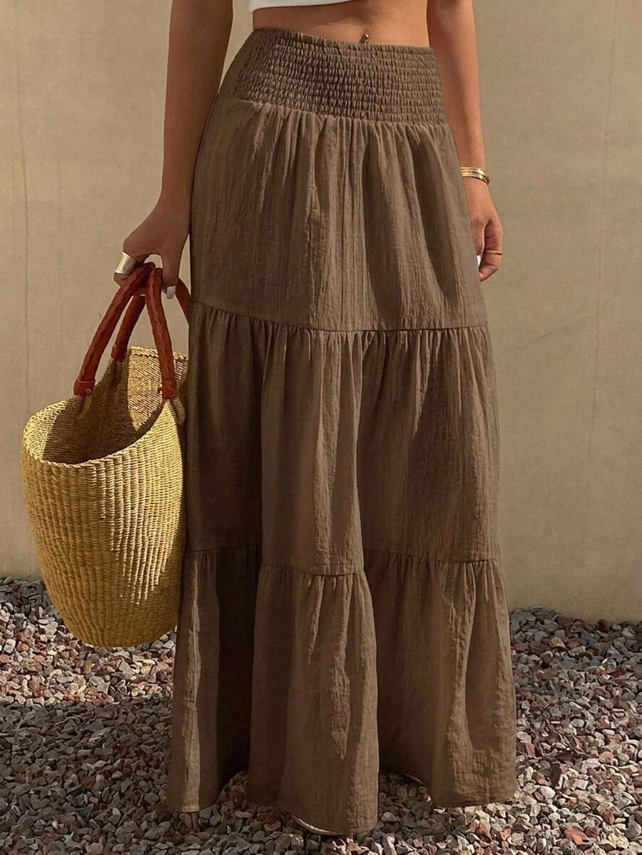 DAZY Falda acampanada de verano para mujer con volantes en el bajo, de color liso y textura.
