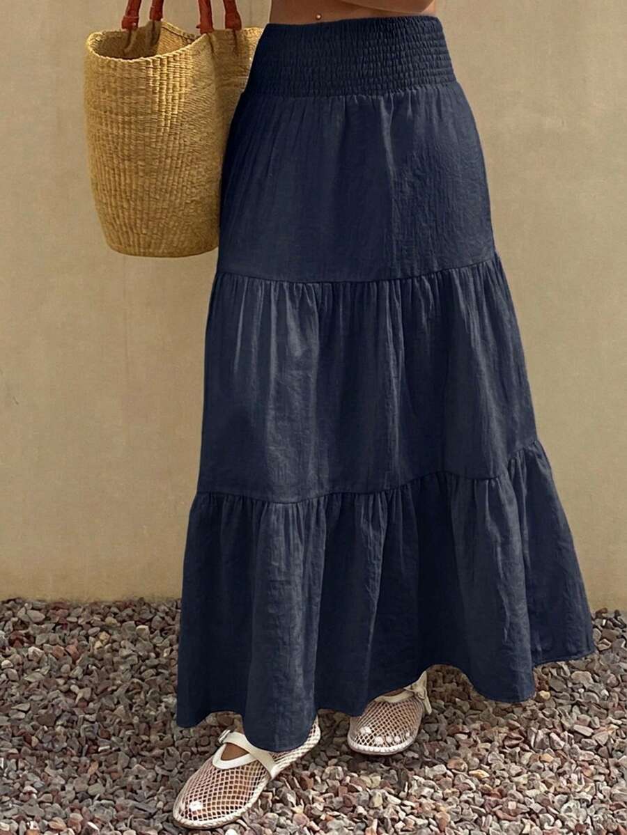 DAZY Falda acampanada de verano para mujer con volantes en el bajo, de color liso y textura.