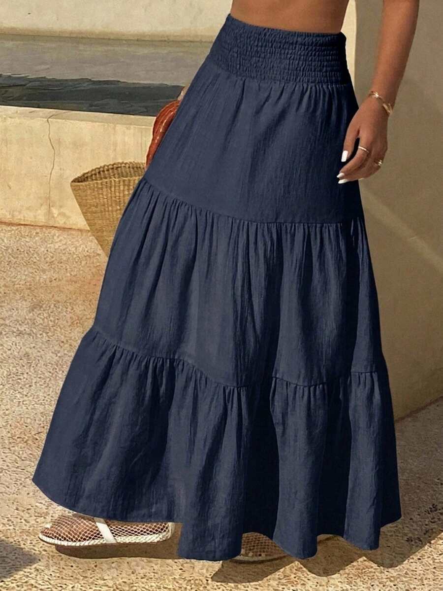 DAZY Falda acampanada de verano para mujer con volantes en el bajo, de color liso y textura.