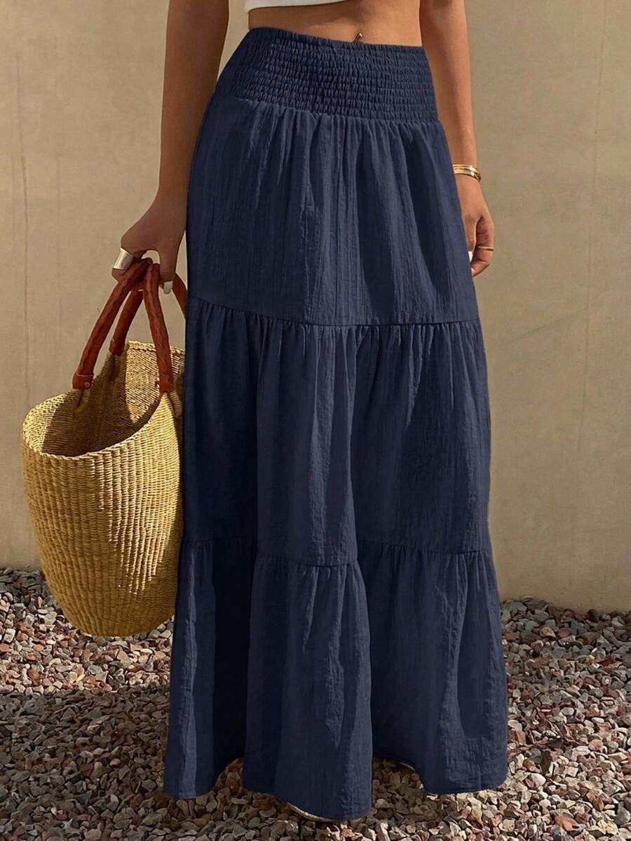 DAZY Falda acampanada de verano para mujer con volantes en el bajo, de color liso y textura.