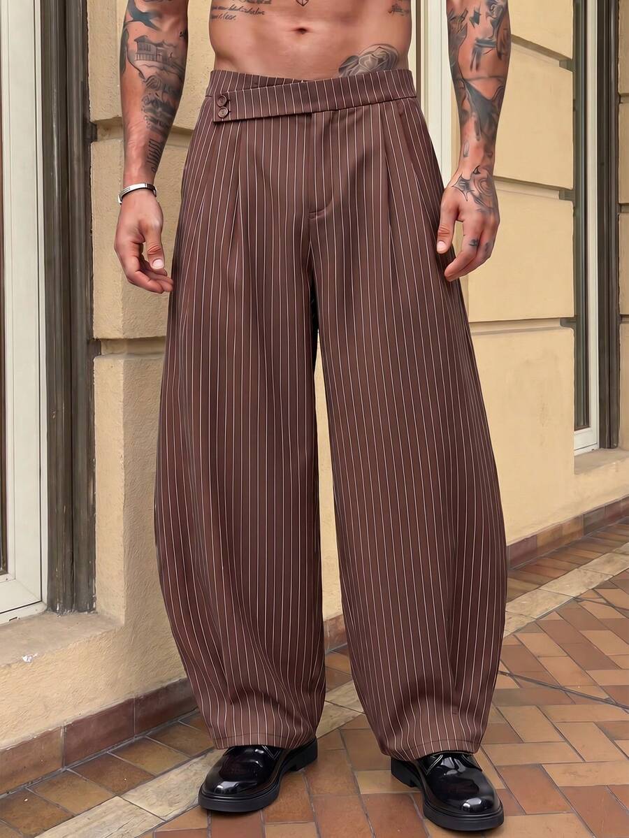 Pantalones de cintura alta y pierna ancha para hombre con frente plisado