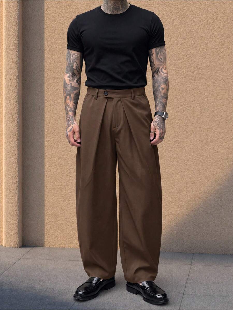 Pantalones de cintura alta y pierna ancha para hombre con frente plisado