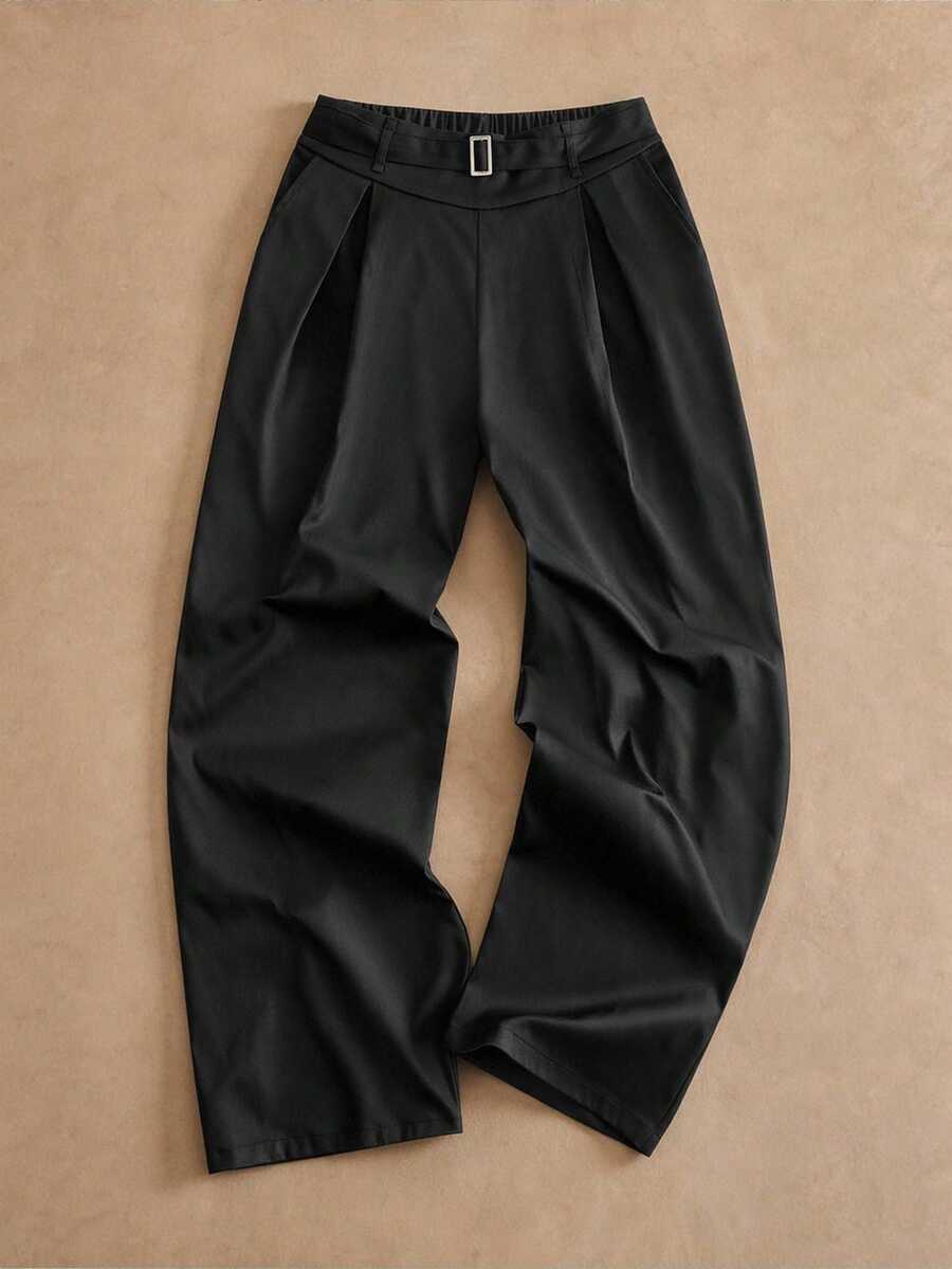 Pantalones de cintura alta y pierna ancha para hombre con frente plisado