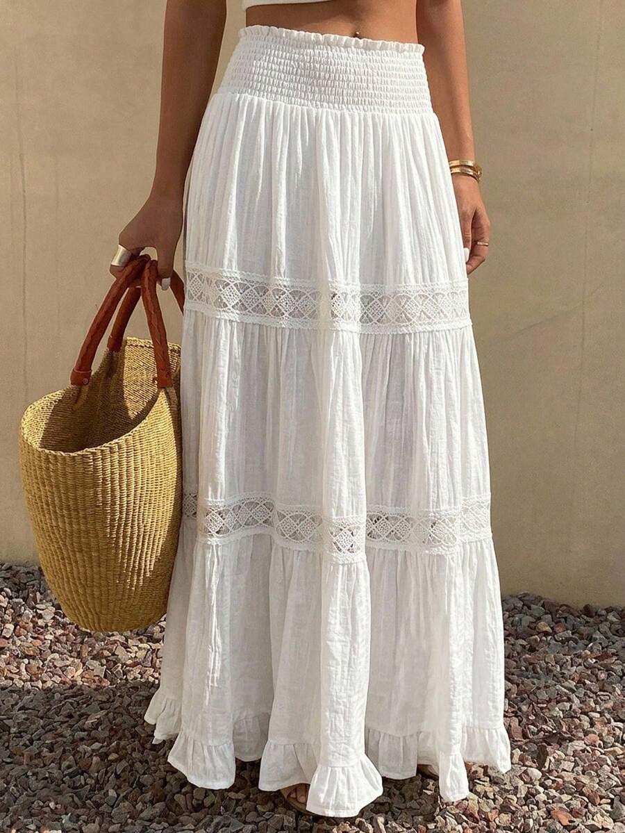 DAZY Falda acampanada de verano para mujer con volantes en el bajo, de color liso y textura.