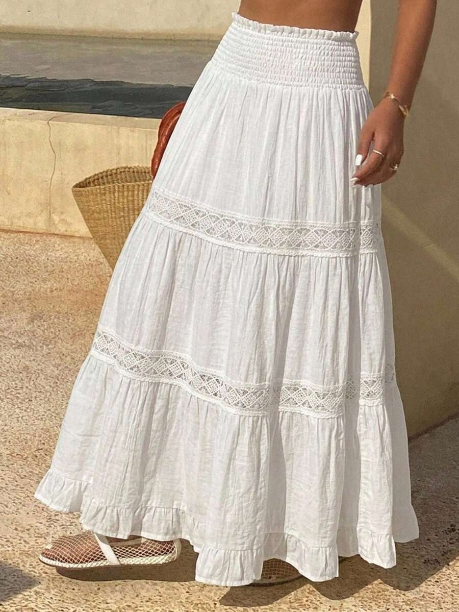 DAZY Falda acampanada de verano para mujer con volantes en el bajo, de color liso y textura.