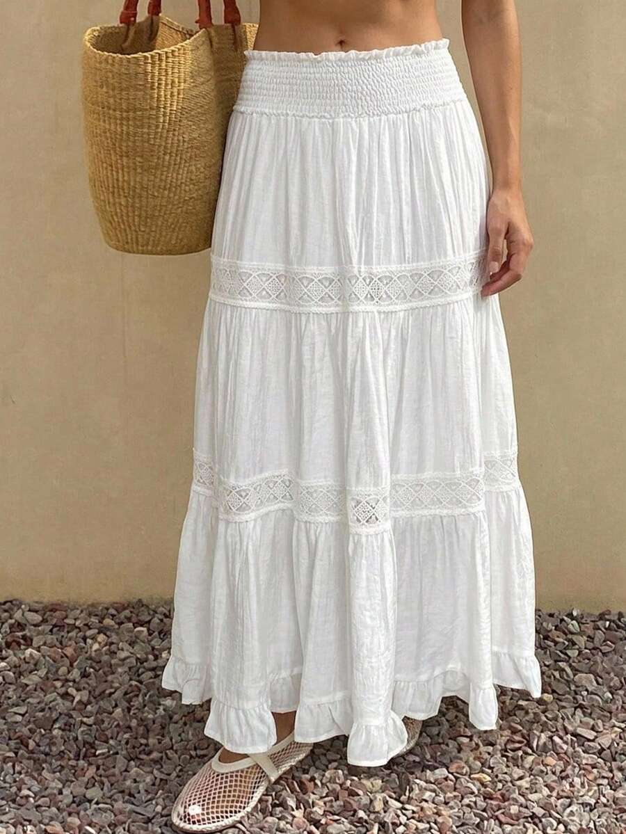 DAZY Falda acampanada de verano para mujer con volantes en el bajo, de color liso y textura.