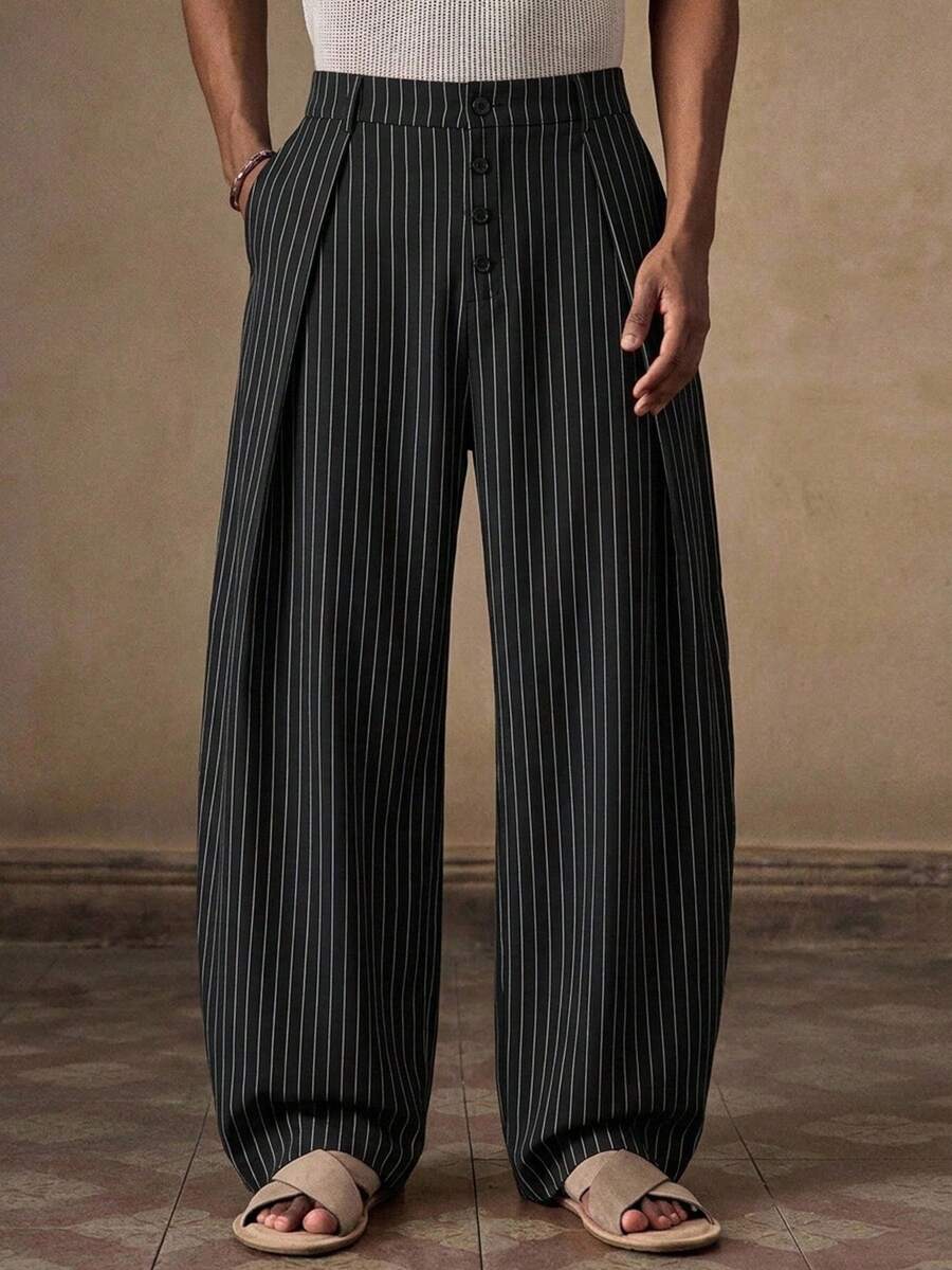 Pantalones de cintura alta y pierna ancha para hombre con frente plisado
