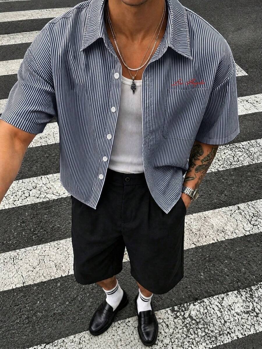 Camisa de manga corta de unicolor con estampado casual de verano para hombre