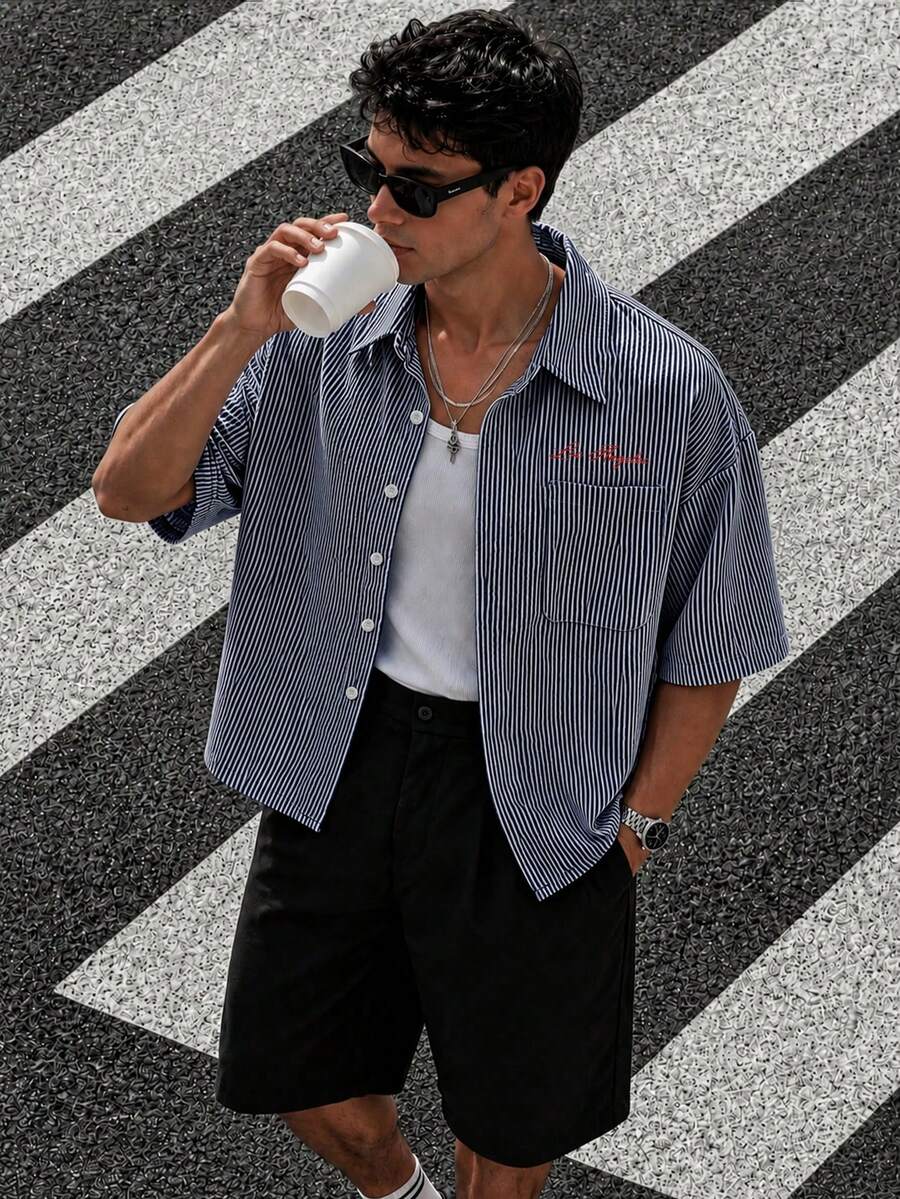 Camisa de manga corta de unicolor con estampado casual de verano para hombre