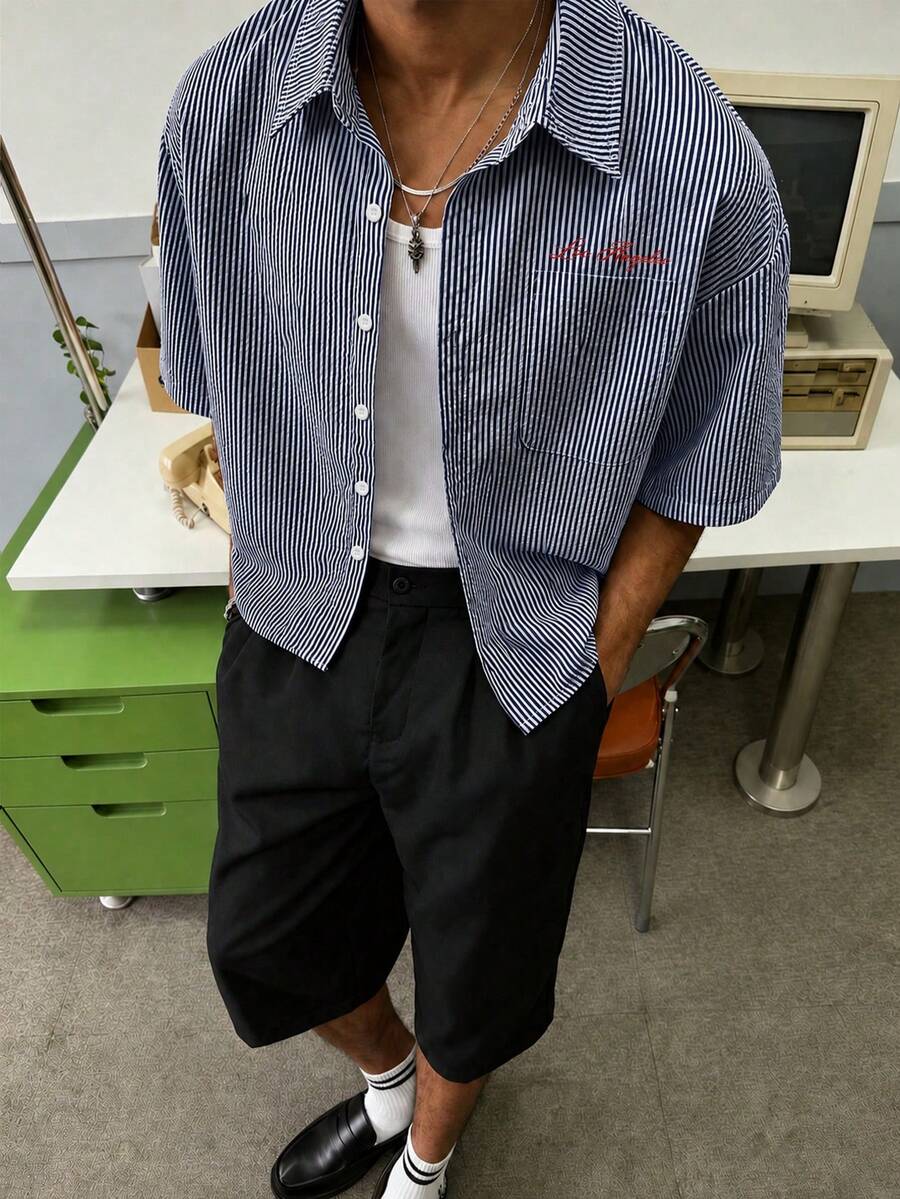Camisa de manga corta de unicolor con estampado casual de verano para hombre