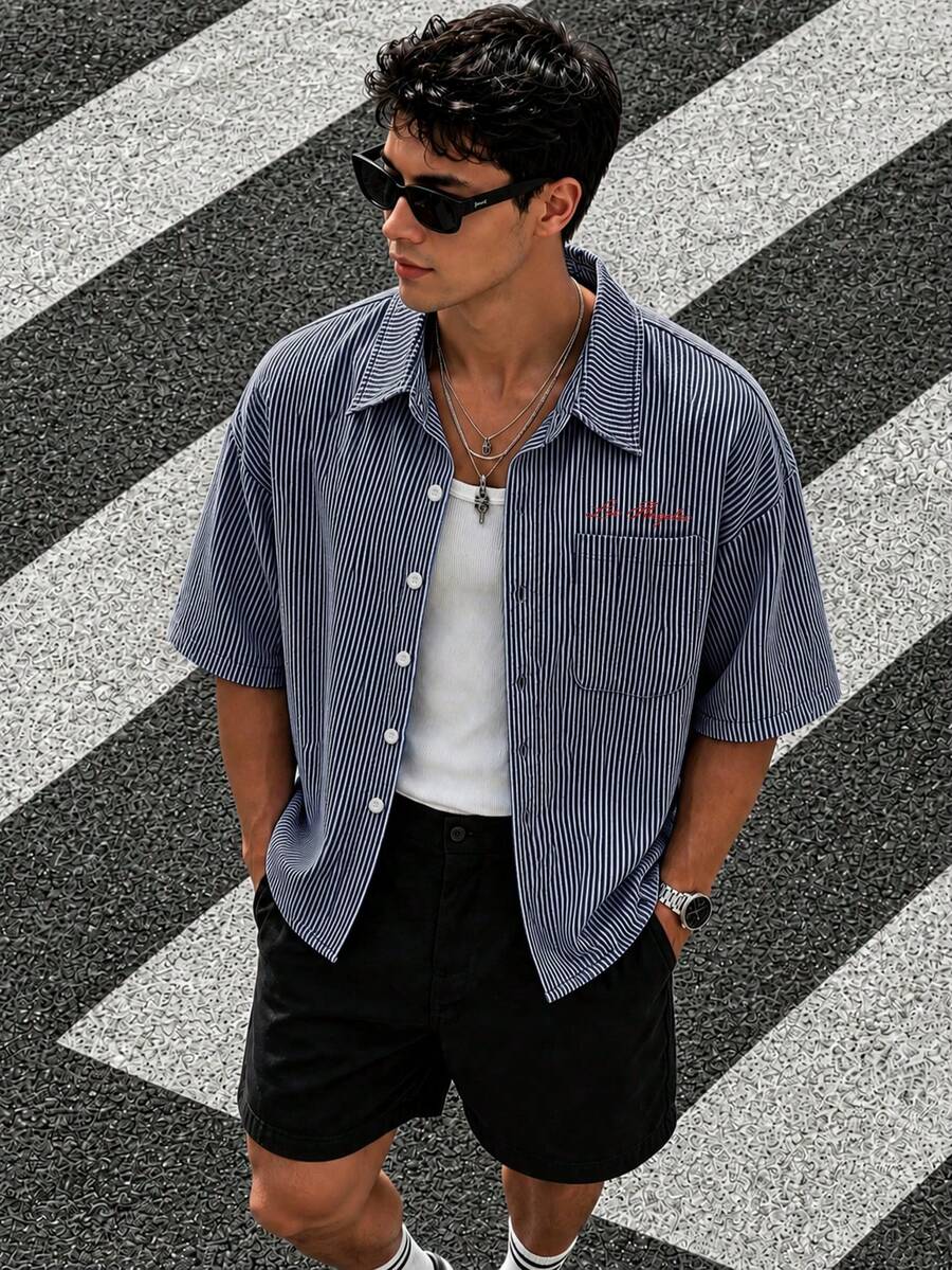 Camisa de manga corta de unicolor con estampado casual de verano para hombre