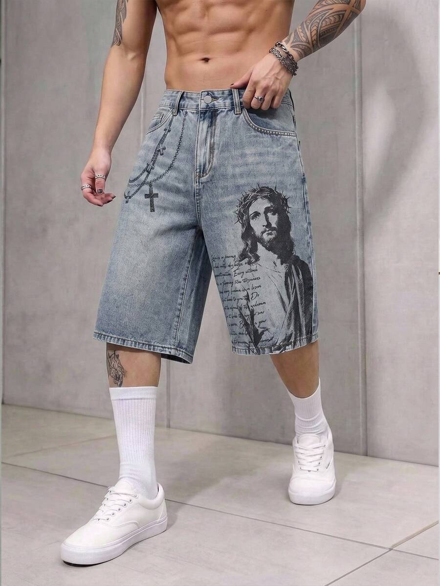 Pantalones cortos de mezclilla lavada con bordado para hombres