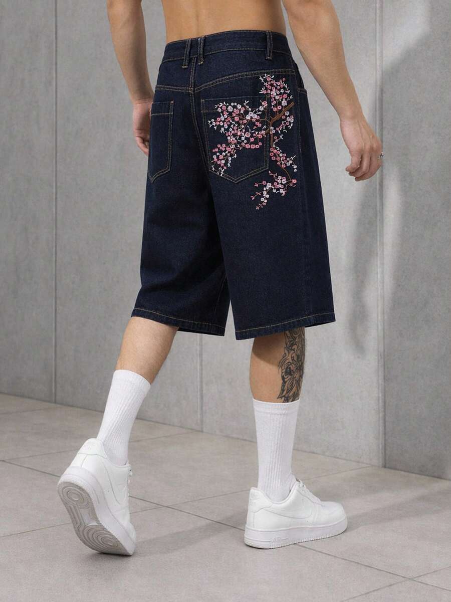 Pantalones cortos de mezclilla lavada con bordado para hombres