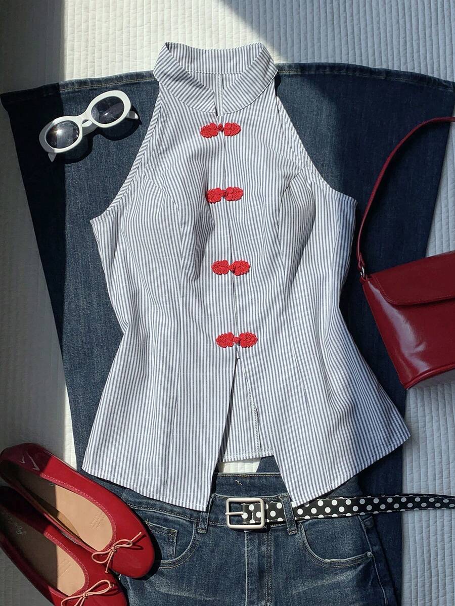 Top sin mangas con botones de estilo chino