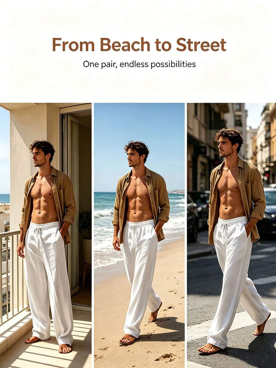 Pantalones casuales sueltos de lino negro tejido, adecuados para primavera/otoño/verano