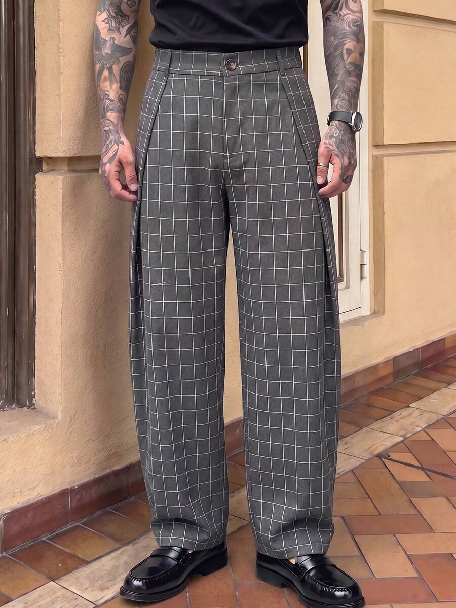 Pantalones de cintura alta y pierna ancha para hombre con frente plisado