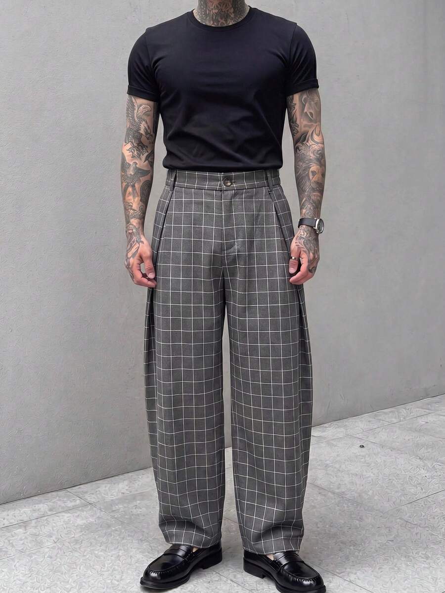 Pantalones de cintura alta y pierna ancha para hombre con frente plisado