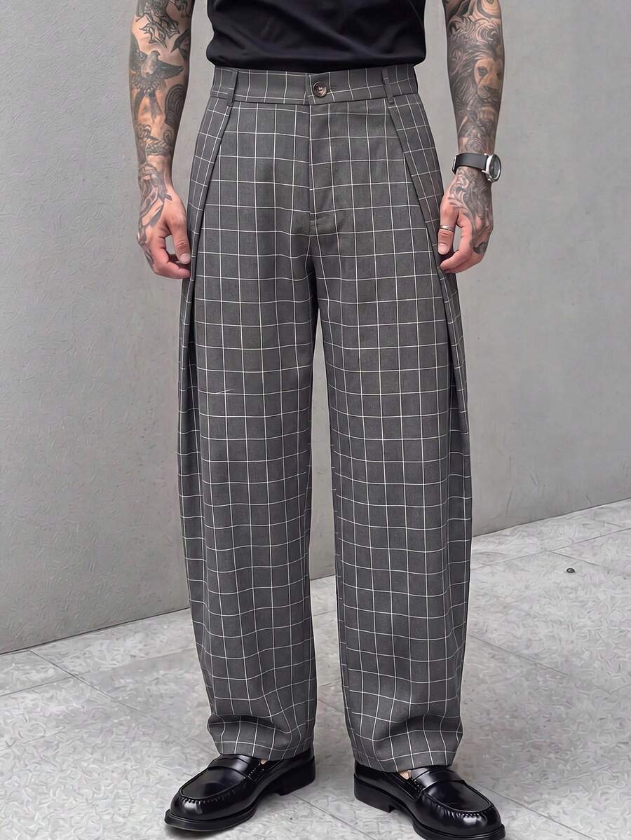 Pantalones de cintura alta y pierna ancha para hombre con frente plisado