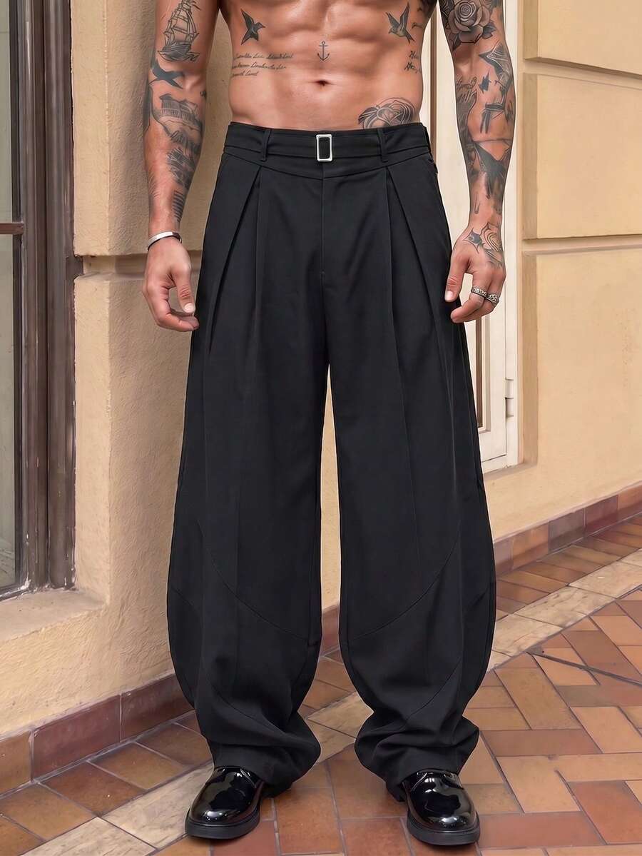 Pantalones de cintura alta y pierna ancha para hombre con frente plisado