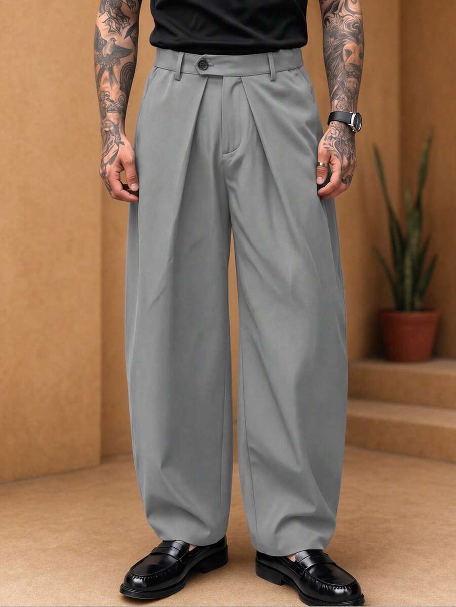Pantalones de cintura alta y pierna ancha para hombre con frente plisado