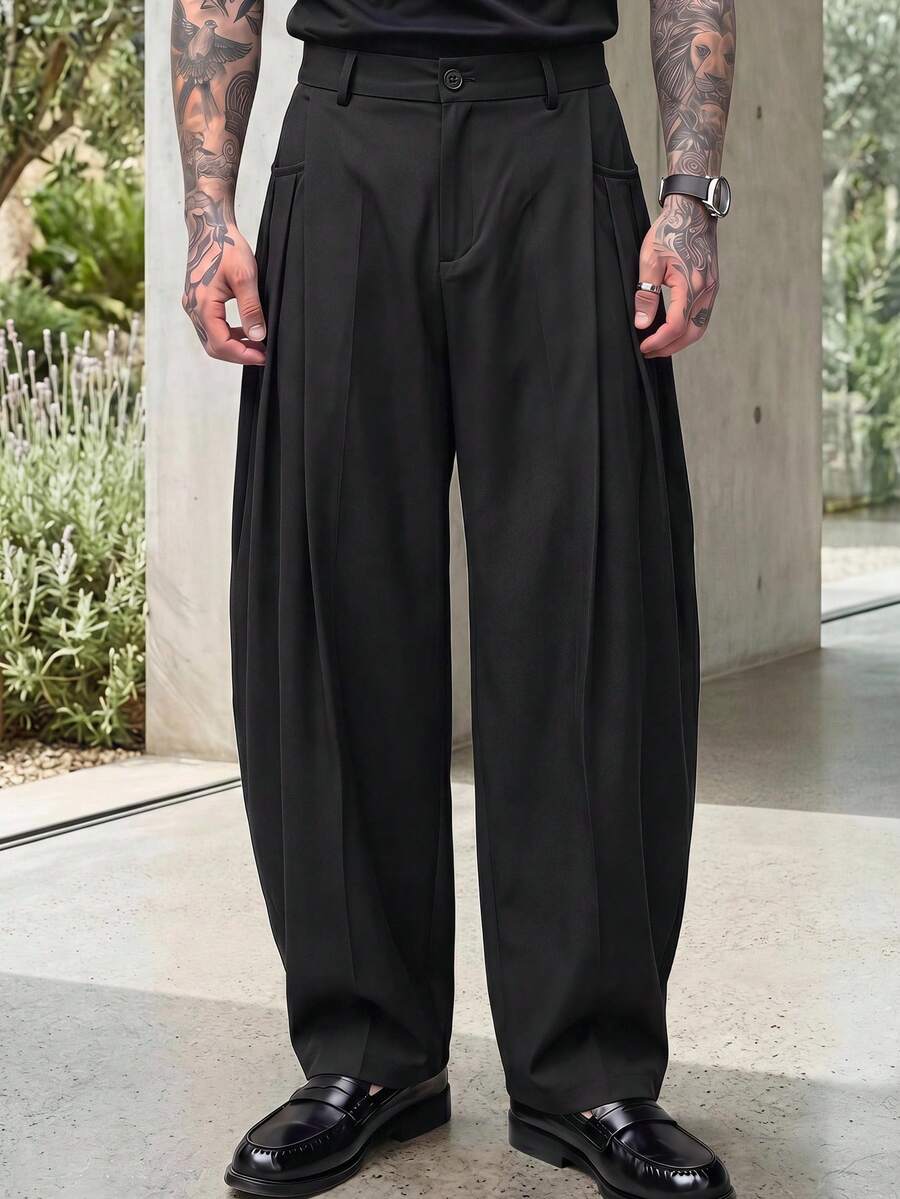 Pantalones de cintura alta y pierna ancha para hombre con frente plisado