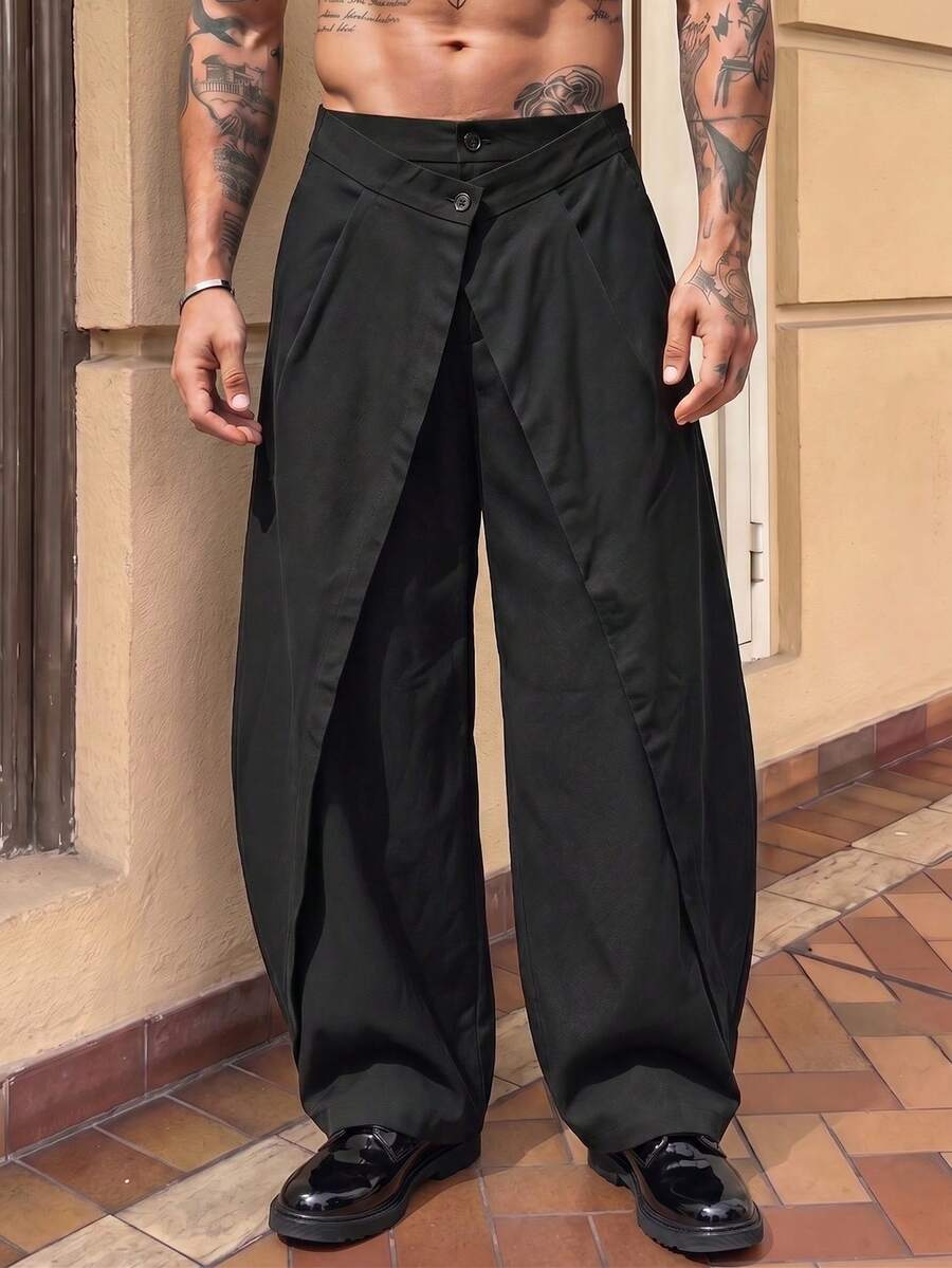 Pantalones de cintura alta y pierna ancha para hombre con frente plisado
