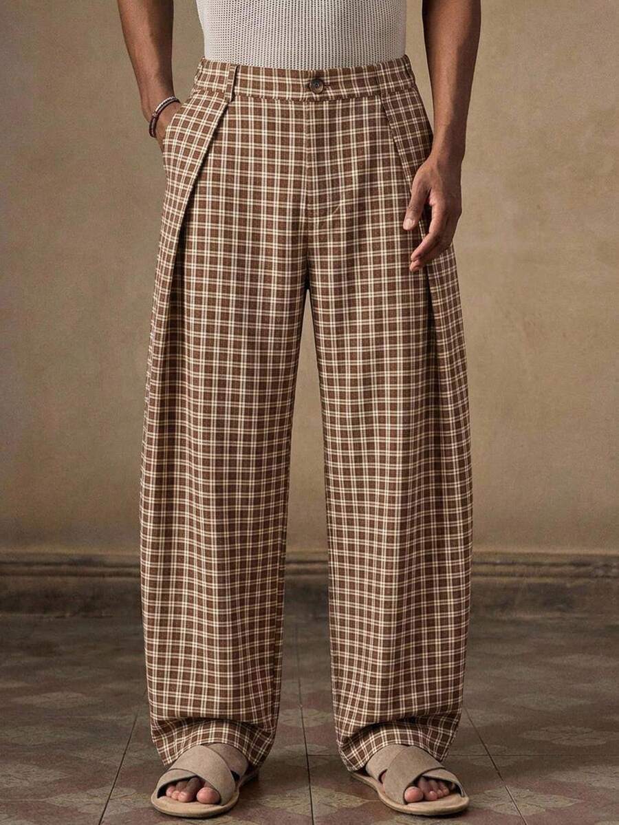 Pantalones de cintura alta y pierna ancha para hombre con frente plisado