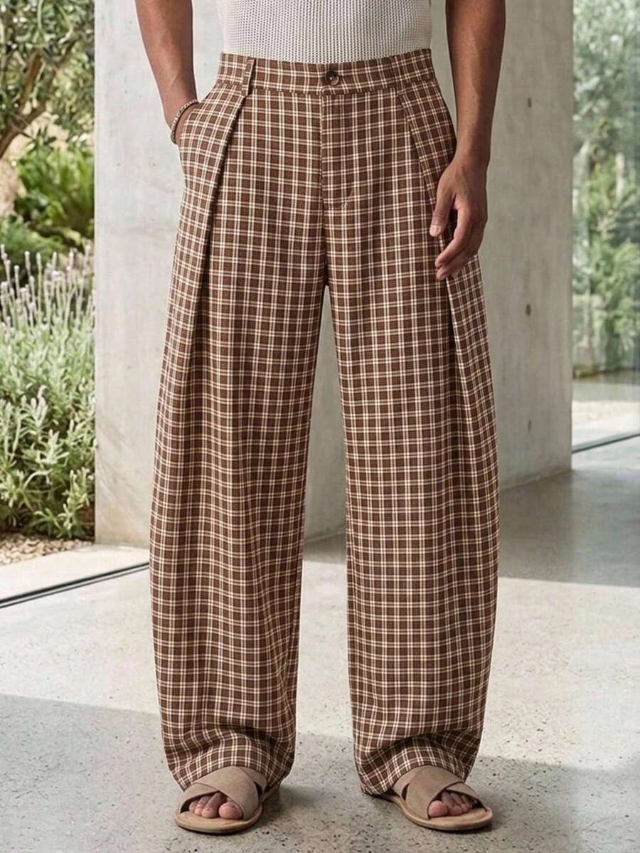 Pantalones de cintura alta y pierna ancha para hombre con frente plisado