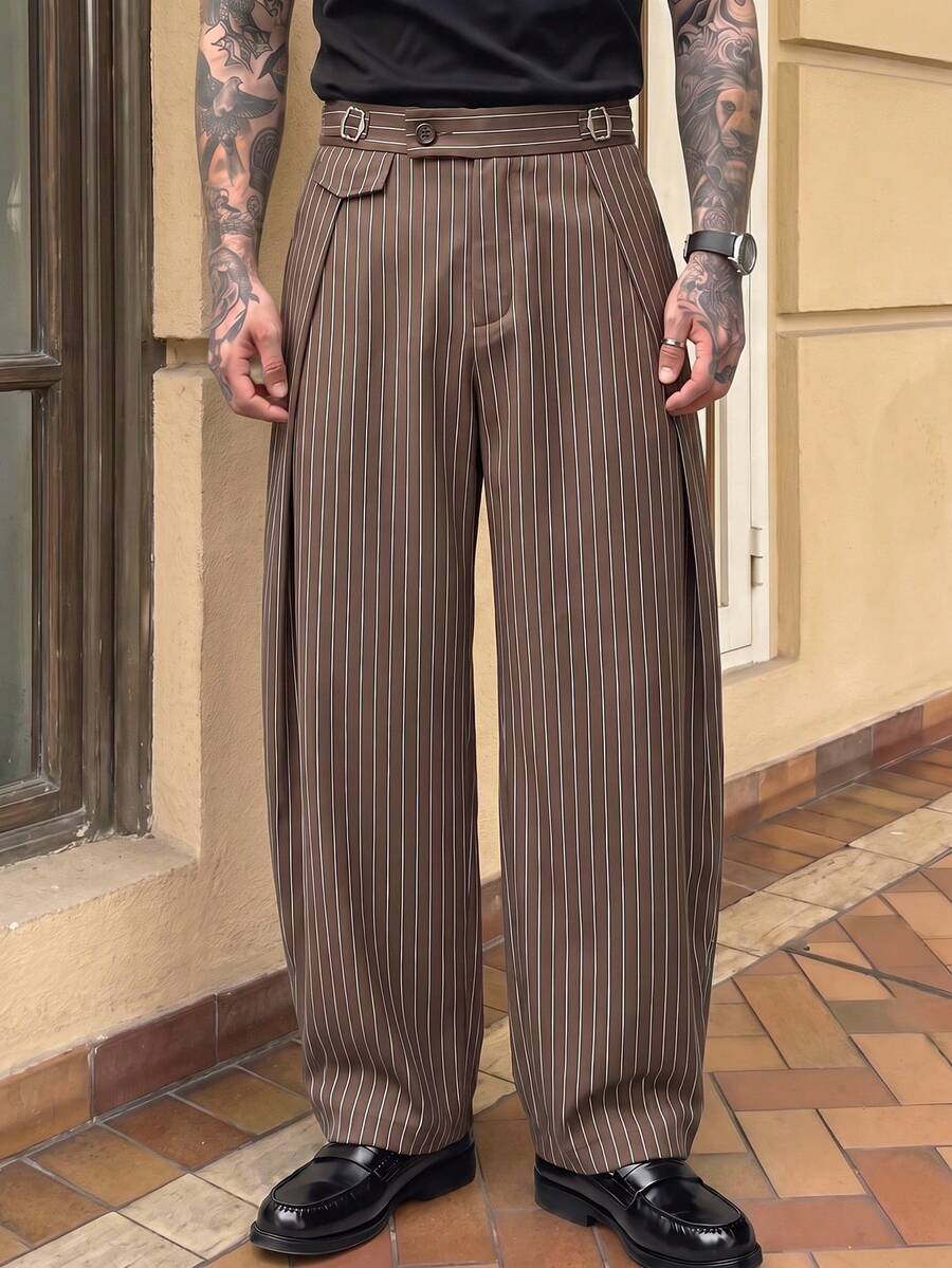 Pantalones de cintura alta y pierna ancha para hombre con frente plisado