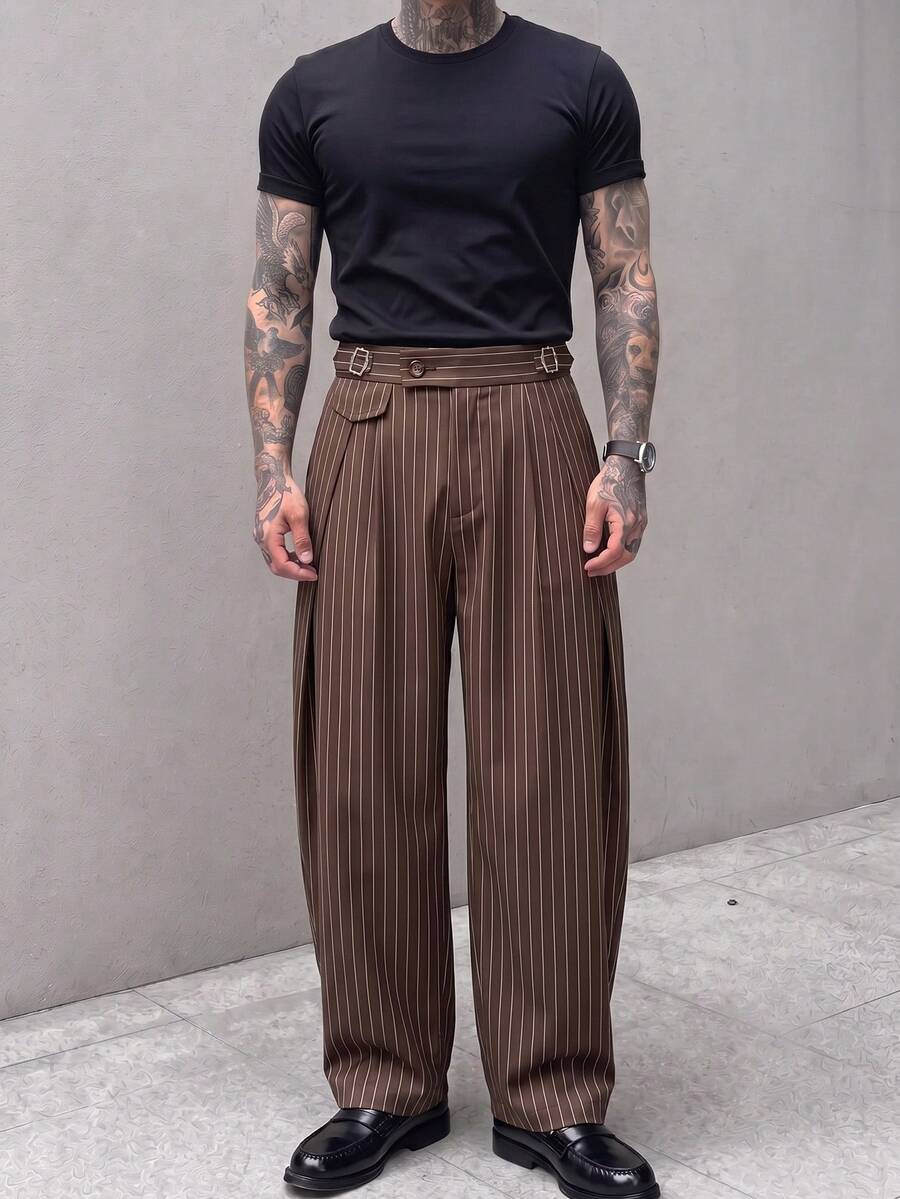 Pantalones de cintura alta y pierna ancha para hombre con frente plisado