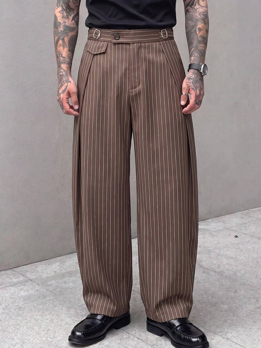 Pantalones de cintura alta y pierna ancha para hombre con frente plisado