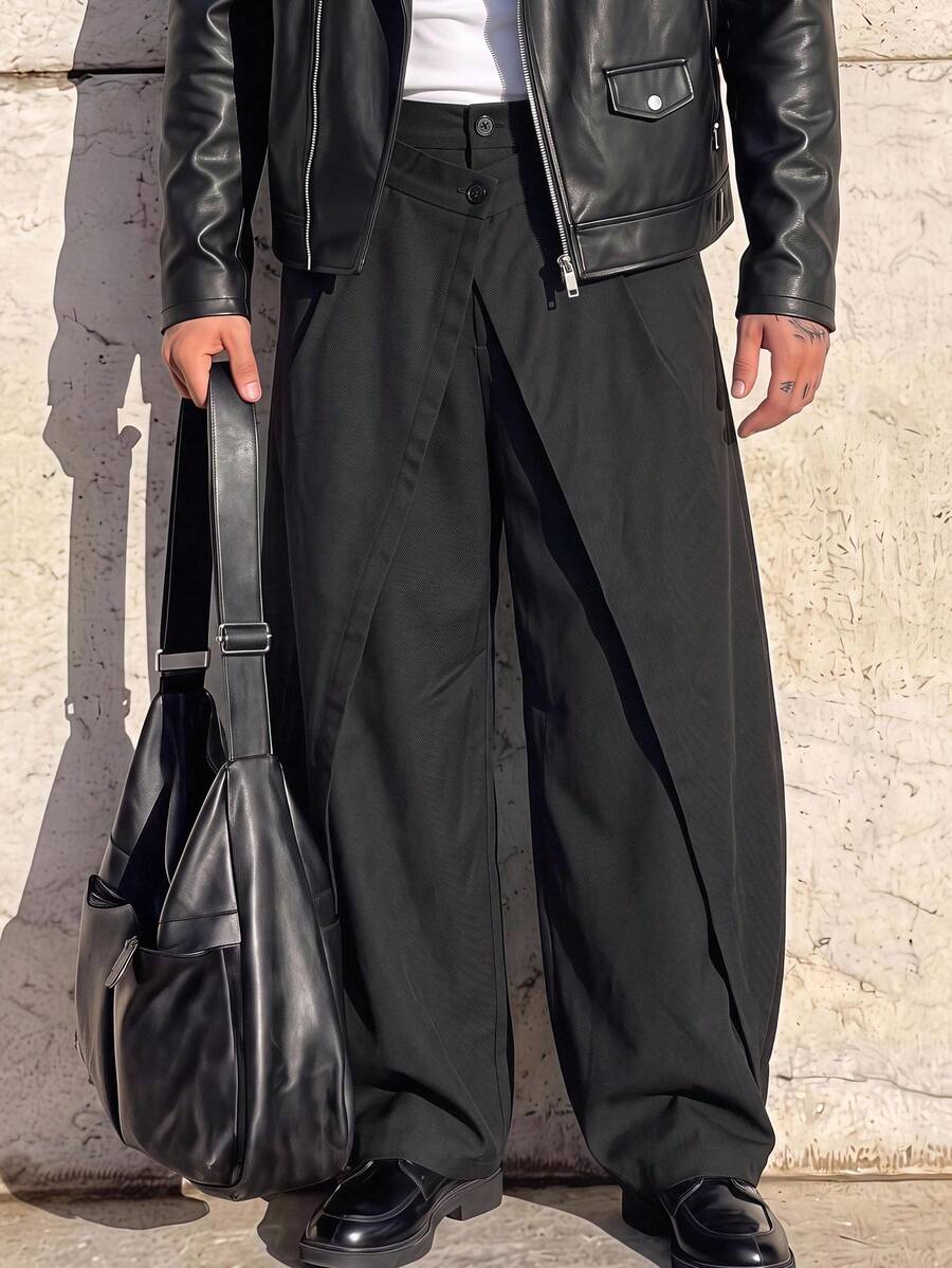 Pantalones de cintura alta y pierna ancha para hombre con frente plisado